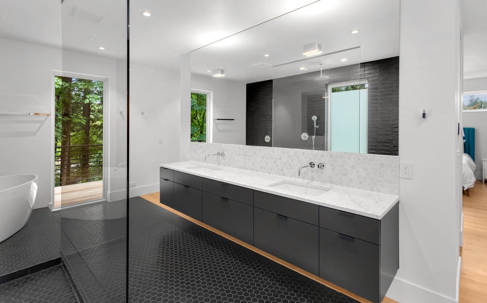 modern black and white custom bathroom vanities Chicago with large mirror modern-black-and-white-custom-bathroom-vanities-chicago-with-large-mirror